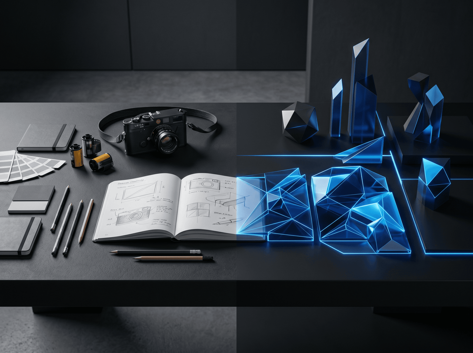 A split scene: analogue creative tools, a sketchbook, pencils and a camera, giving way to glowing blue geometric forms