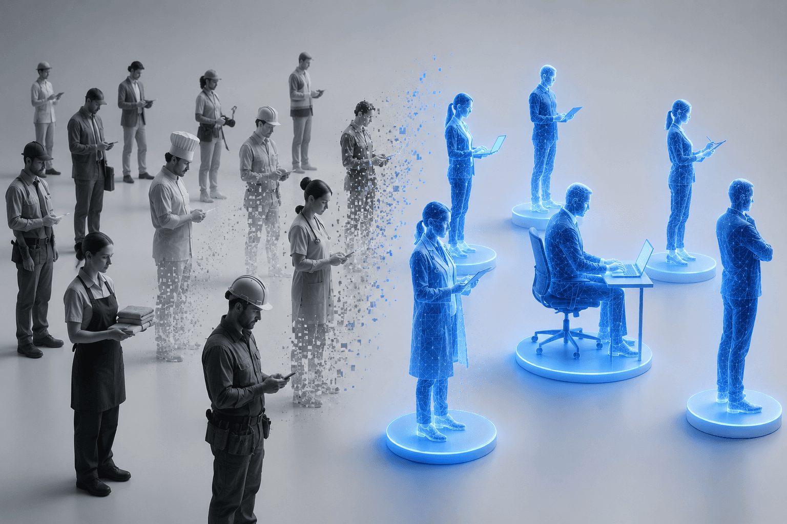 A queue of grey figures dissolving into glowing blue digital workers seated at desks