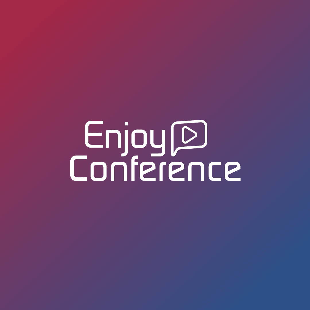 Enjoy Conference logo in outlined white type on a pink-to-violet gradient