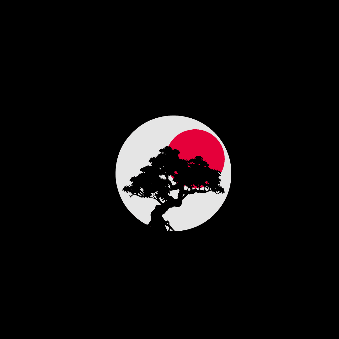 Mr. T Sushi's emblem: a black bonsai silhouette against a red sun on black