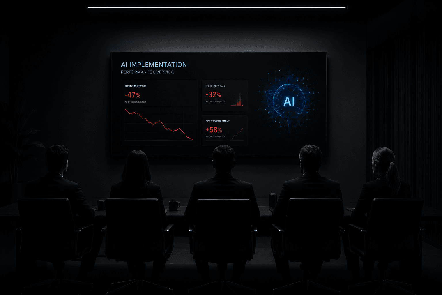 A darkened boardroom of silhouetted figures facing a screen of falling AI implementation metrics