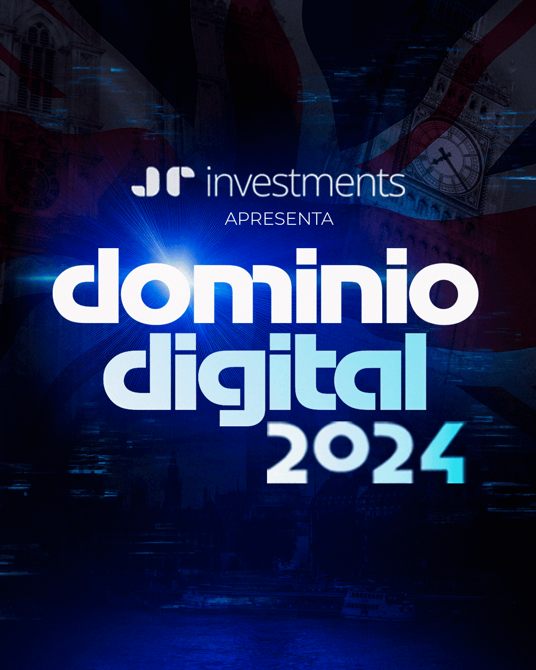 Dominio Digital 2024 event artwork: the title in bold blue and white over a neon city backdrop, presented by JR Investments