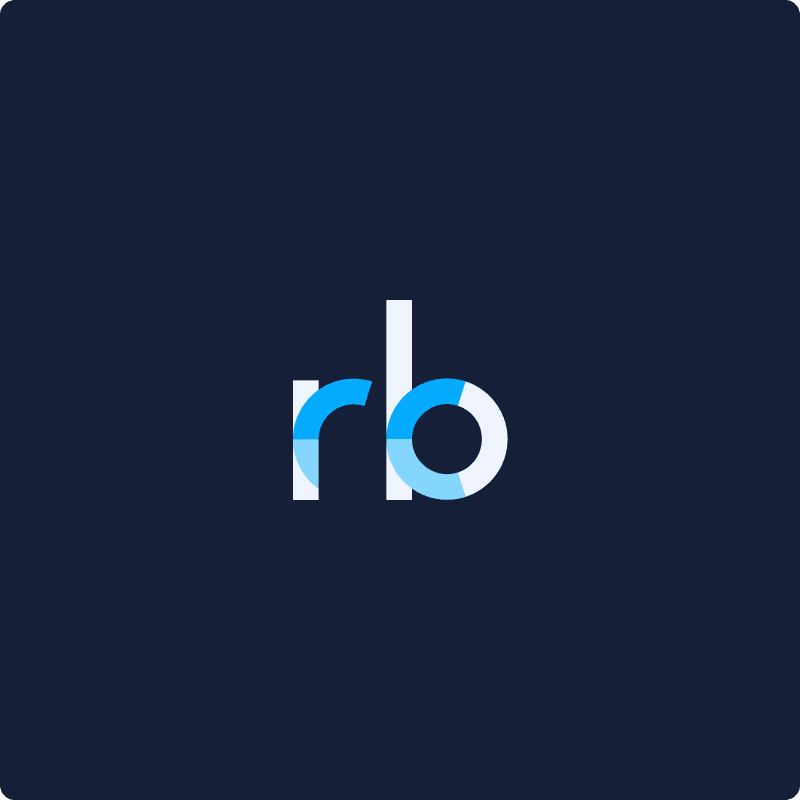 Rodolfo Basilio's monogram: lowercase r and b in white and sky blue on navy