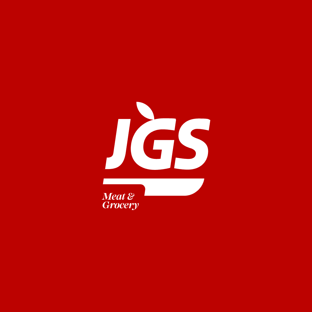 JGS Meat and Grocery logo in white script on red